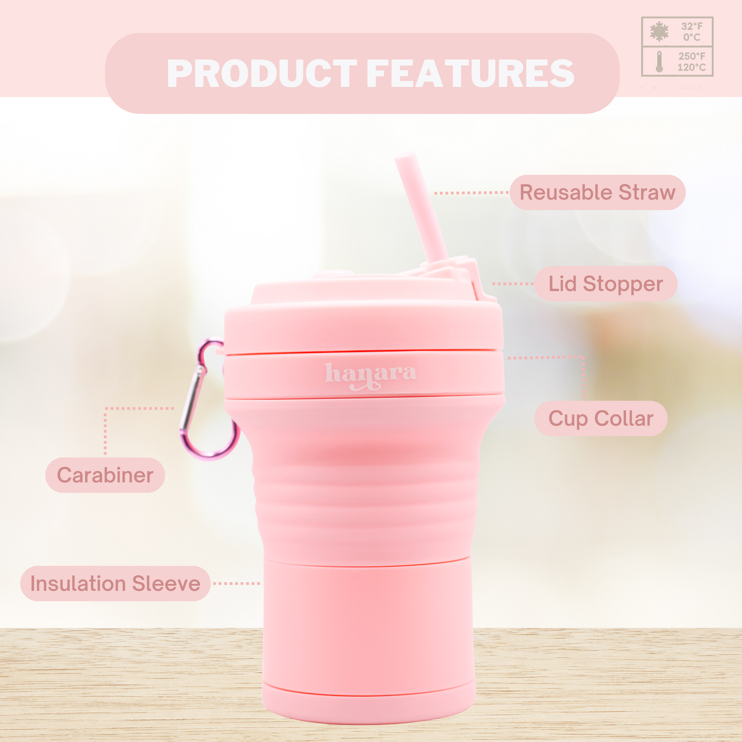 Pink Collapsible Coffee Cups With Reusable Silicone Straw, 18 Oz / 550 Ml