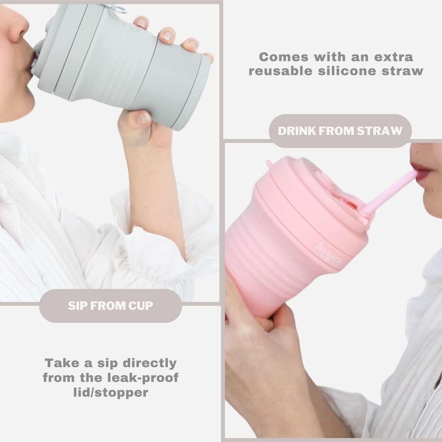 Gray Collapsible Coffee Cups With Reusable Silicone Straw, 18 Oz / 550 Ml