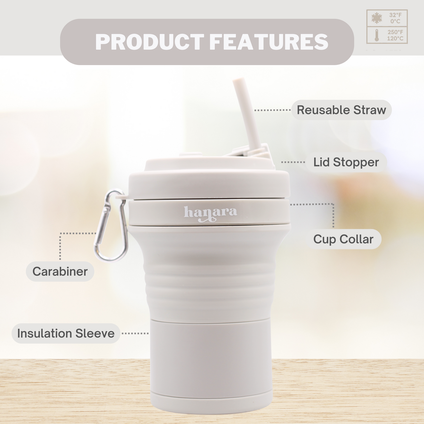 Gray Collapsible Coffee Cups With Reusable Silicone Straw, 18 Oz / 550 Ml