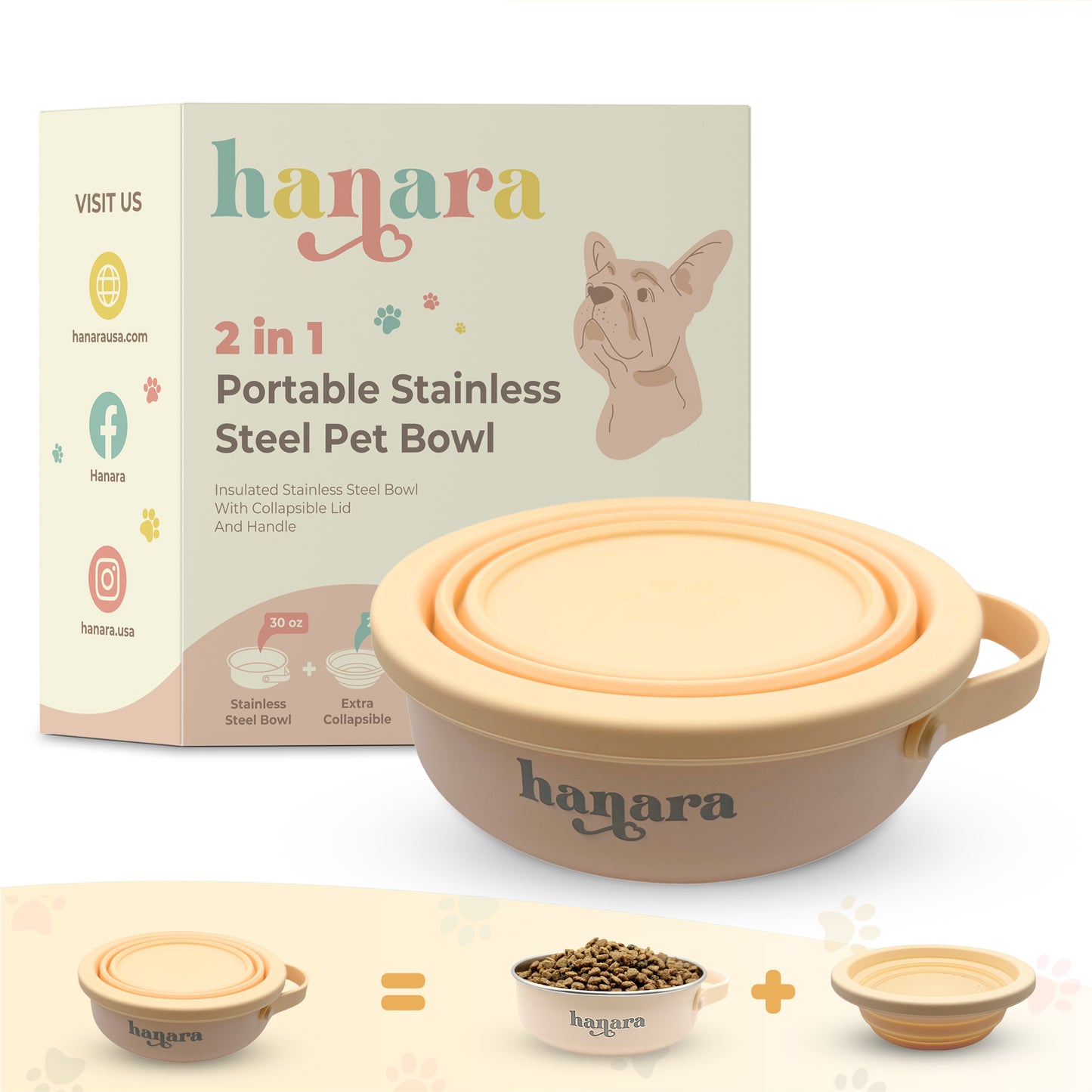 2-in-1 Insulated Stainless Steel Dog Bowl with Extra Collapsible Lid and Handle for Dog Cat Pet | Non Slip Rubber Bottom | Portable, Great for Indoor, Outdoor| 30 OZ (Plus 20 oz) (Beige)