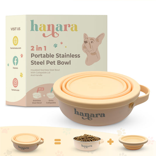 2-in-1 Insulated Stainless Steel Dog Bowl with Extra Collapsible Lid and Handle for Dog Cat Pet | Non Slip Rubber Bottom | Portable, Great for Indoor, Outdoor| 30 OZ (Plus 20 oz) (Beige)