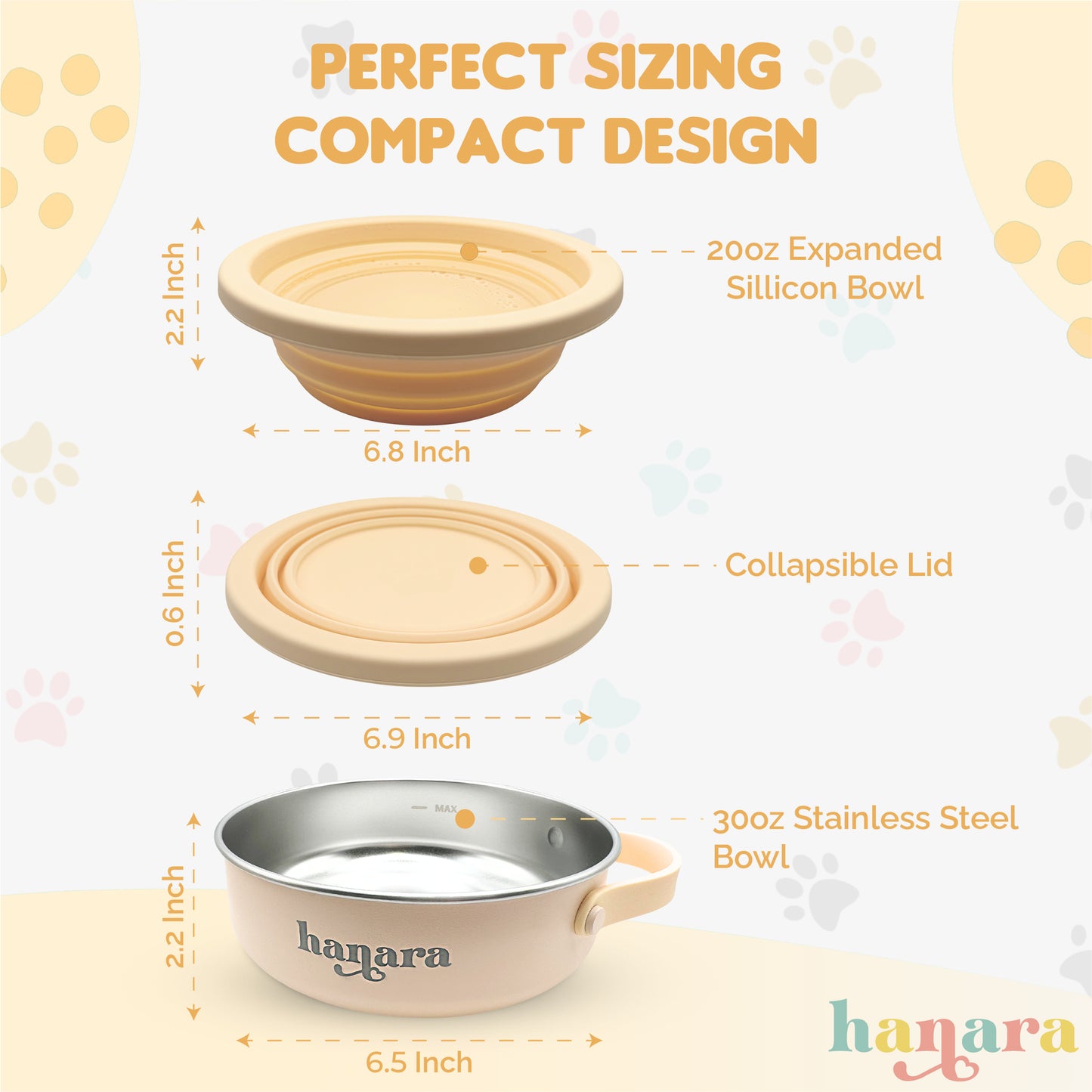 2-in-1 Insulated Stainless Steel Dog Bowl with Extra Collapsible Lid and Handle for Dog Cat Pet | Non Slip Rubber Bottom | Portable, Great for Indoor, Outdoor| 30 OZ (Plus 20 oz) (Beige)