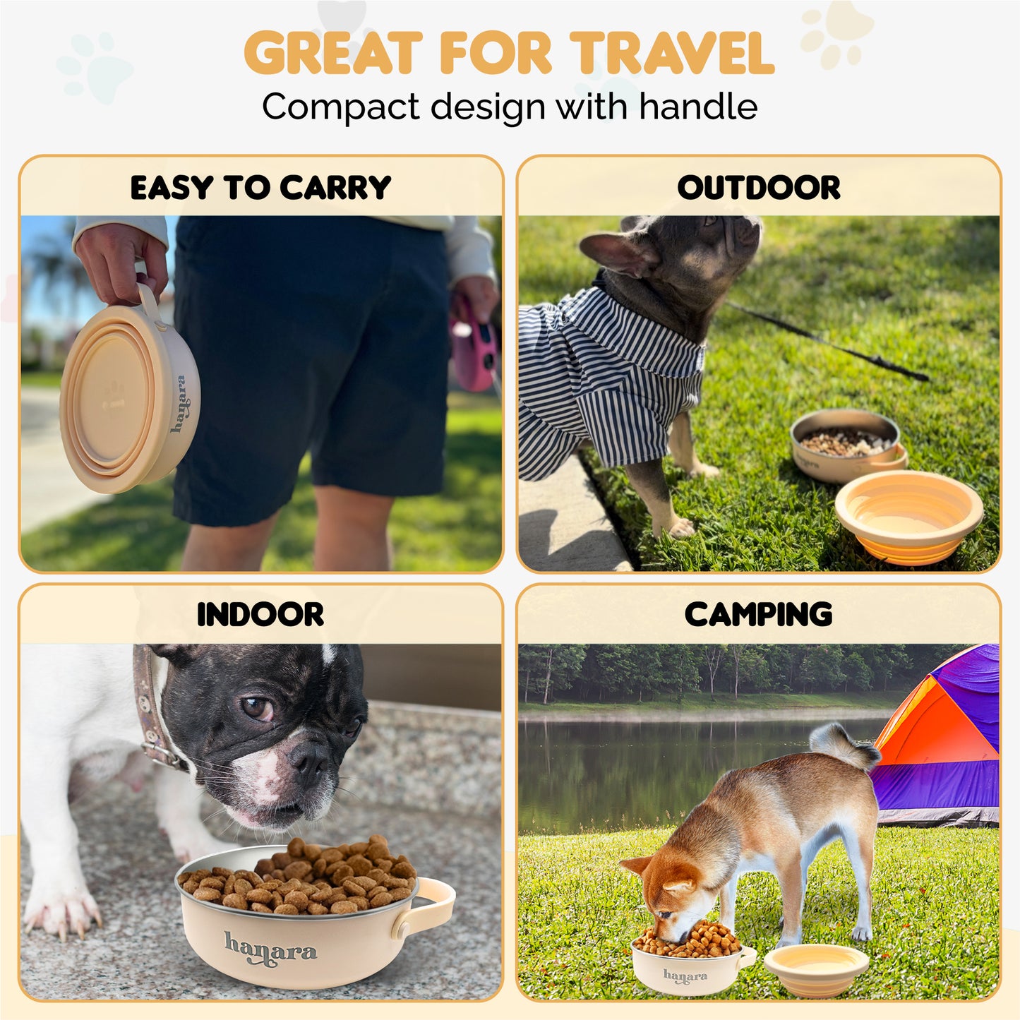 2-in-1 Insulated Stainless Steel Dog Bowl with Extra Collapsible Lid and Handle for Dog Cat Pet | Non Slip Rubber Bottom | Portable, Great for Indoor, Outdoor| 30 OZ (Plus 20 oz) (Beige)