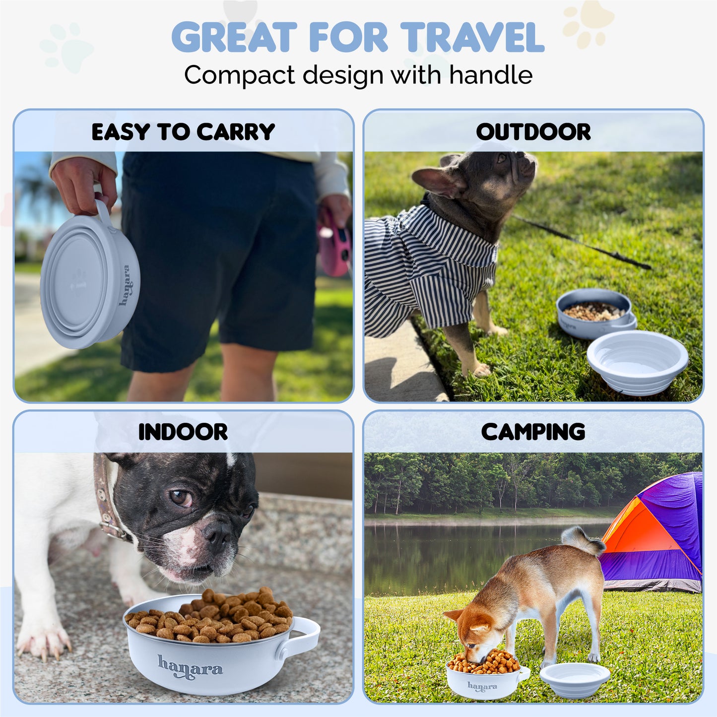 2-in-1 Insulated Stainless Steel Dog Bowl with Extra Collapsible Lid and Handle for Dog Cat Pet | Non Slip Rubber Bottom | Portable, Great for Indoor, Outdoor| 30 OZ (Plus 20 oz) (Blue)