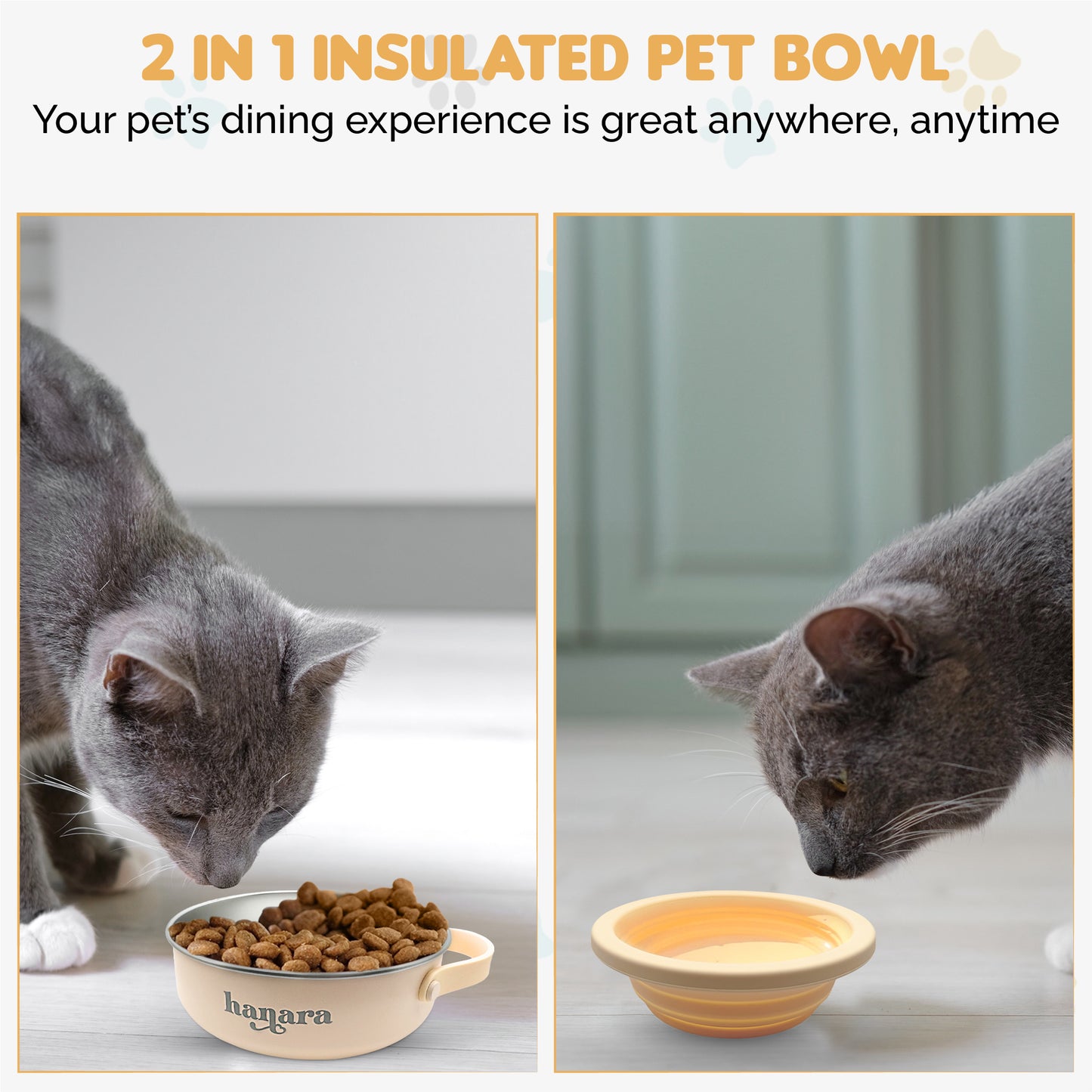 2-in-1 Insulated Stainless Steel Dog Bowl with Extra Collapsible Lid and Handle for Dog Cat Pet | Non Slip Rubber Bottom | Portable, Great for Indoor, Outdoor| 30 OZ (Plus 20 oz) (Beige)