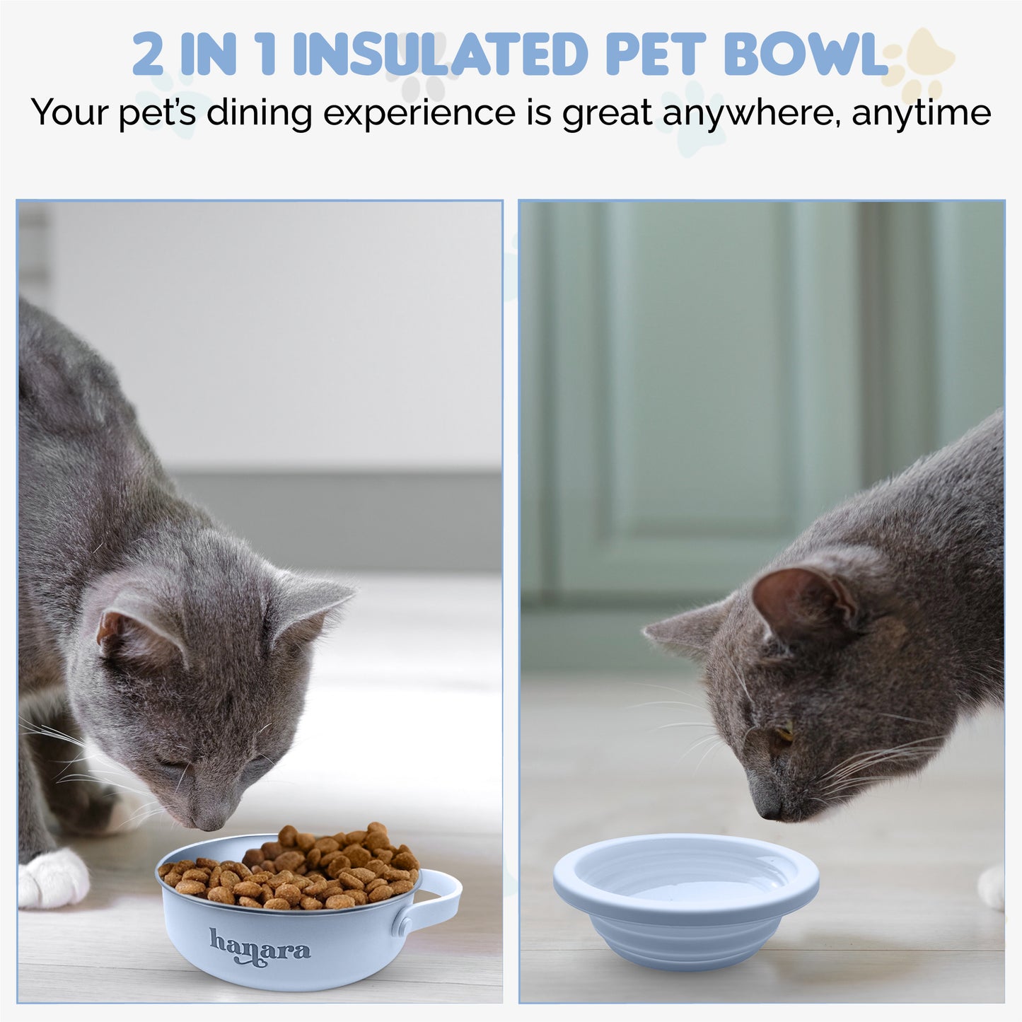 2-in-1 Insulated Stainless Steel Dog Bowl with Extra Collapsible Lid and Handle for Dog Cat Pet | Non Slip Rubber Bottom | Portable, Great for Indoor, Outdoor| 30 OZ (Plus 20 oz) (Blue)