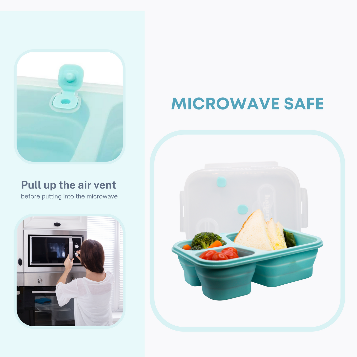 HANARA Collapsible Bento Lunch Box | Large Capacity, 3 Compartments, Sauce Container, Fork, Spoon | For Travel, Work, School, Out Door Activities | Bpa-Free, Microwave-Safe | BLUE