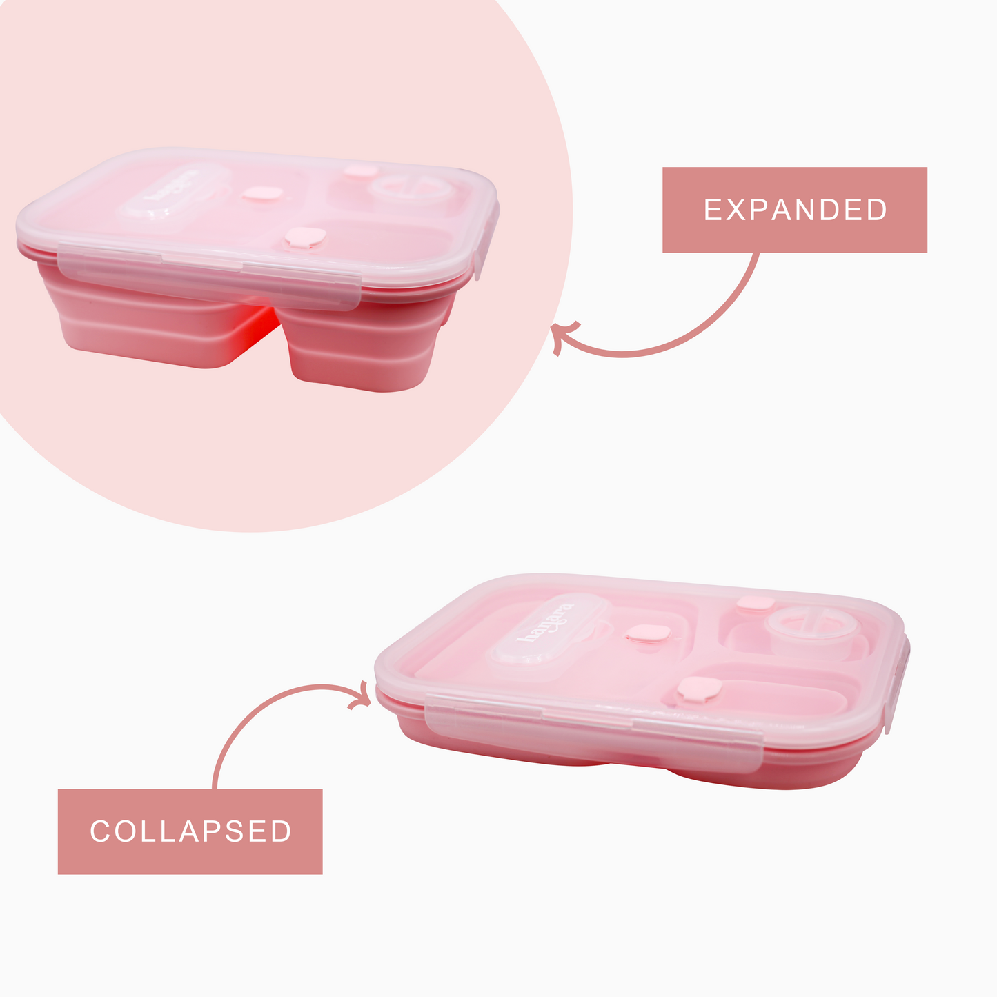 HANARA Collapsible Bento Lunch Box | Large Capacity, 3 Compartments, Sauce Container, Fork, Spoon | For Travel, Work, School, Out Door Activities | Bpa-Free, Microwave-Safe | PINK