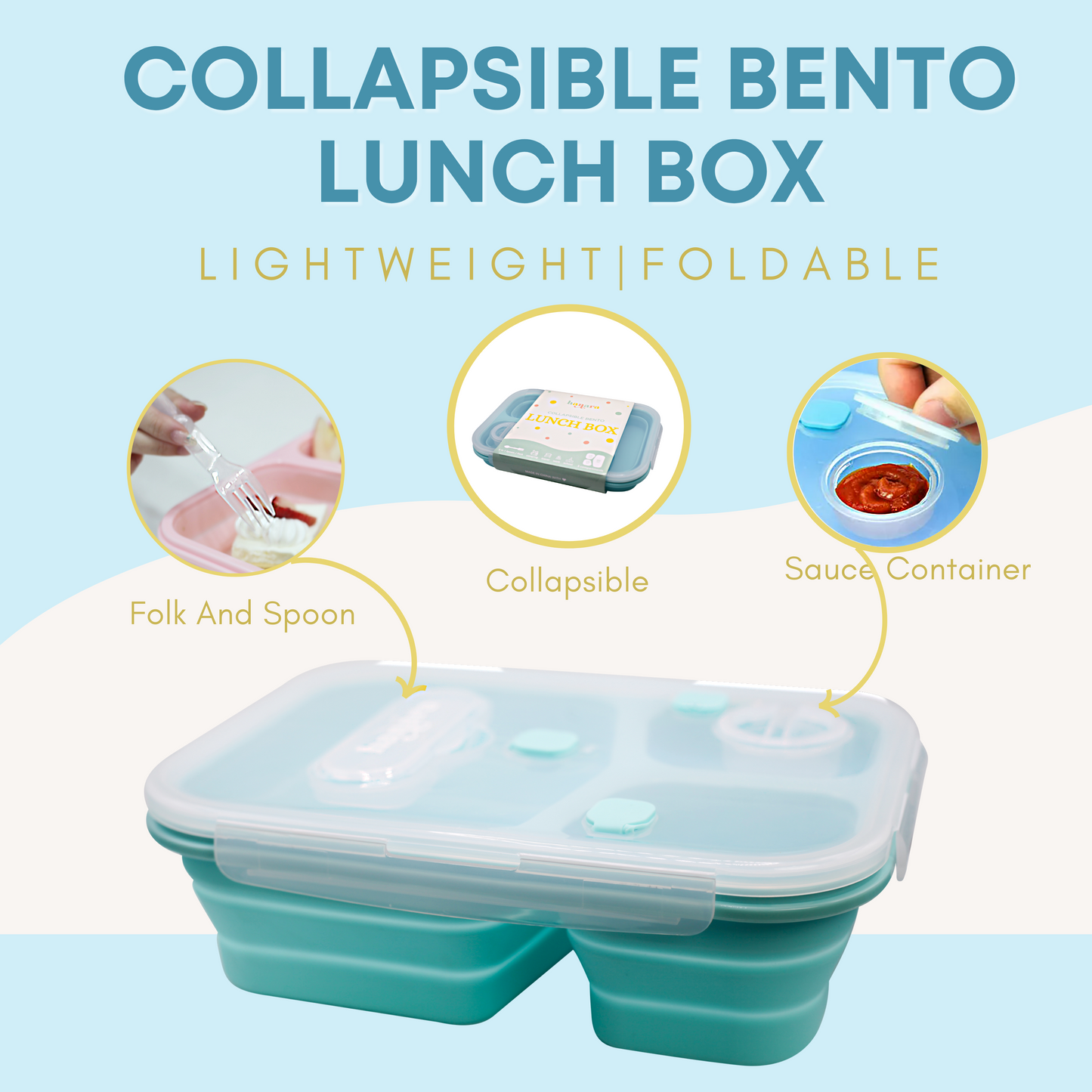 HANARA Collapsible Bento Lunch Box | Large Capacity, 3 Compartments, Sauce Container, Fork, Spoon | For Travel, Work, School, Out Door Activities | Bpa-Free, Microwave-Safe | BLUE