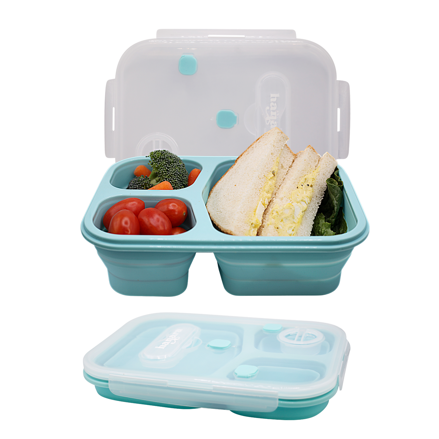 HANARA Collapsible Bento Lunch Box | Large Capacity, 3 Compartments, Sauce Container, Fork, Spoon | For Travel, Work, School, Out Door Activities | Bpa-Free, Microwave-Safe | BLUE