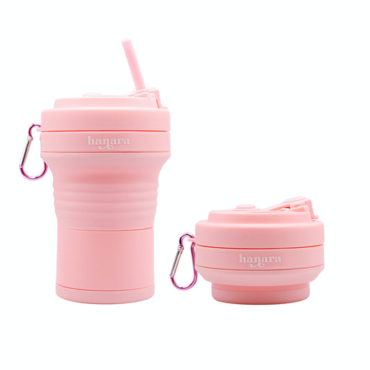 Pink Collapsible Coffee Cups With Reusable Silicone Straw, 18 Oz / 550 Ml