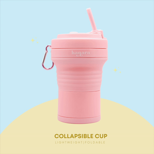 Pink Collapsible Coffee Cups With Reusable Silicone Straw, 18 Oz / 550 Ml