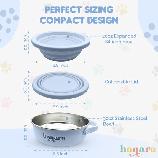 2-in-1 Insulated Stainless Steel Dog Bowl with Extra Collapsible Lid and Handle for Dog Cat Pet | Non Slip Rubber Bottom | Portable, Great for Indoor, Outdoor| 30 OZ (Plus 20 oz) (Blue)