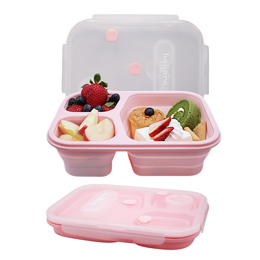 HANARA Collapsible Bento Lunch Box | Large Capacity, 3 Compartments, Sauce Container, Fork, Spoon | For Travel, Work, School, Out Door Activities | Bpa-Free, Microwave-Safe | PINK
