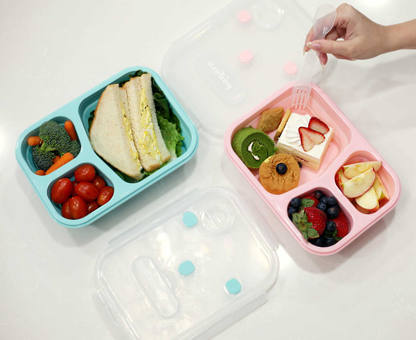 HANARA Collapsible Bento Lunch Box | Large Capacity, 3 Compartments, Sauce Container, Fork, Spoon | For Travel, Work, School, Out Door Activities | Bpa-Free, Microwave-Safe | PINK